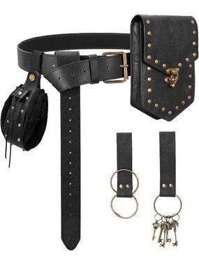 Renaissance Black D Medieval Belt Pouch Set Removable Pouch and Drawstring Bag